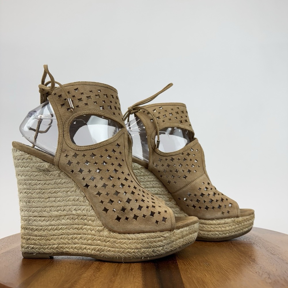 Womens Aquazzura Tan Suede Star Laser-Cute Espadrille Sandal Wedges Size EU 39.5